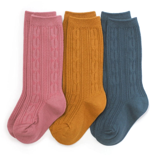 Autumn (3) Pack of Knee-High Cable Knit Socks-French Blue, Old Rose, Mustard