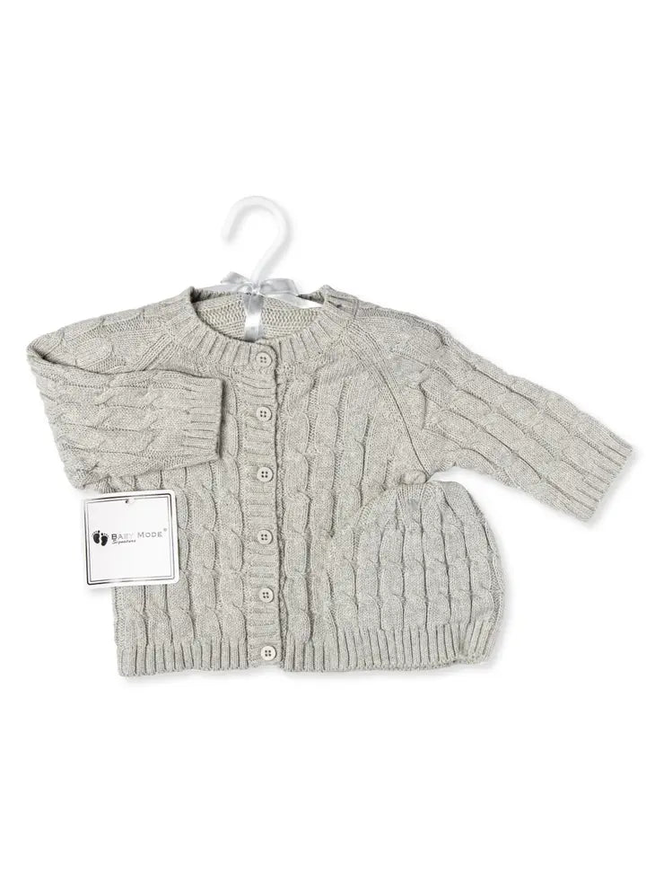 Unisex Cable Knit Cardigan and Beanie Set (White and Gray)