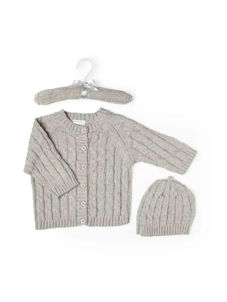 Unisex Cable Knit Cardigan and Beanie Set (White and Gray)