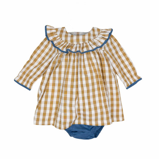 Anna Grace Mustard Dress with Blue trim and Bloomers