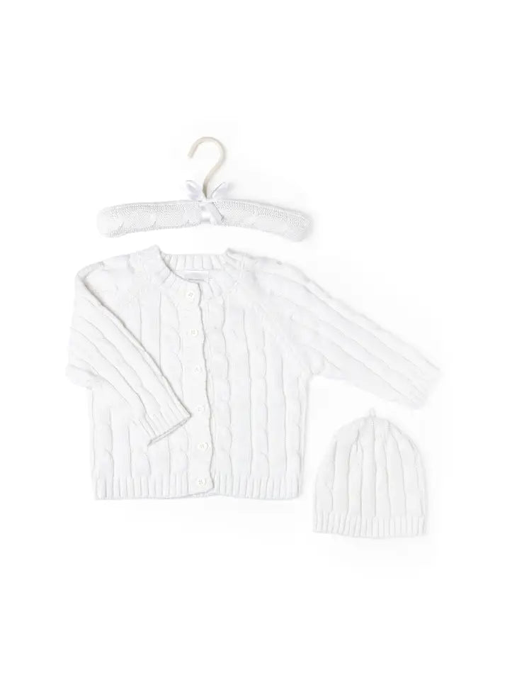 Unisex Cable Knit Cardigan and Beanie Set (White and Gray)