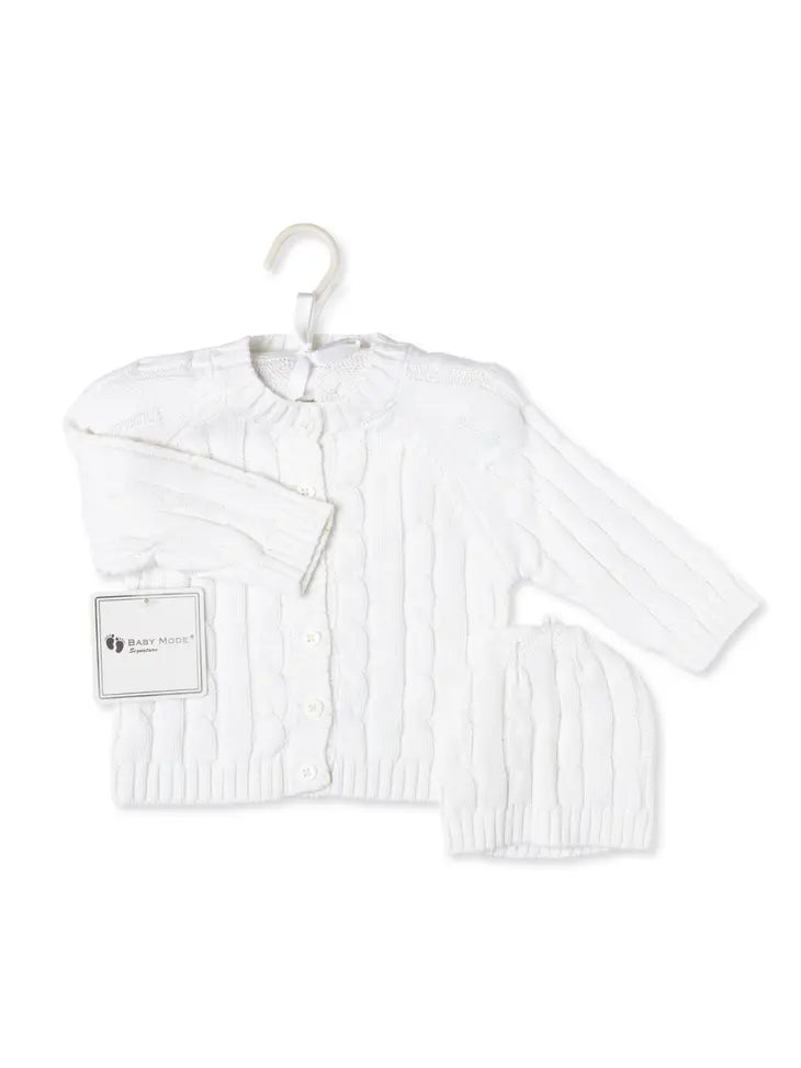 Unisex Cable Knit Cardigan and Beanie Set (White and Gray)