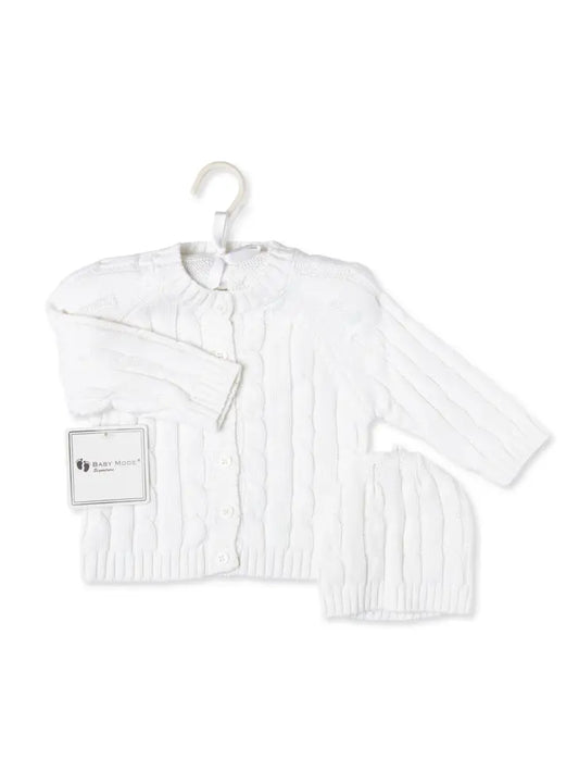 Unisex Cable Knit Cardigan and Beanie Set (White and Gray)